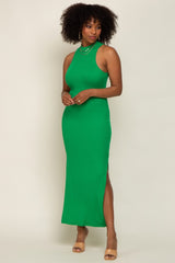 Green Ribbed Side Slit Maxi Dress
