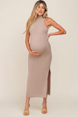 Taupe Ribbed Side Slit Maternity Maxi Dress