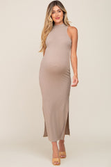 Taupe Ribbed Side Slit Maternity Maxi Dress