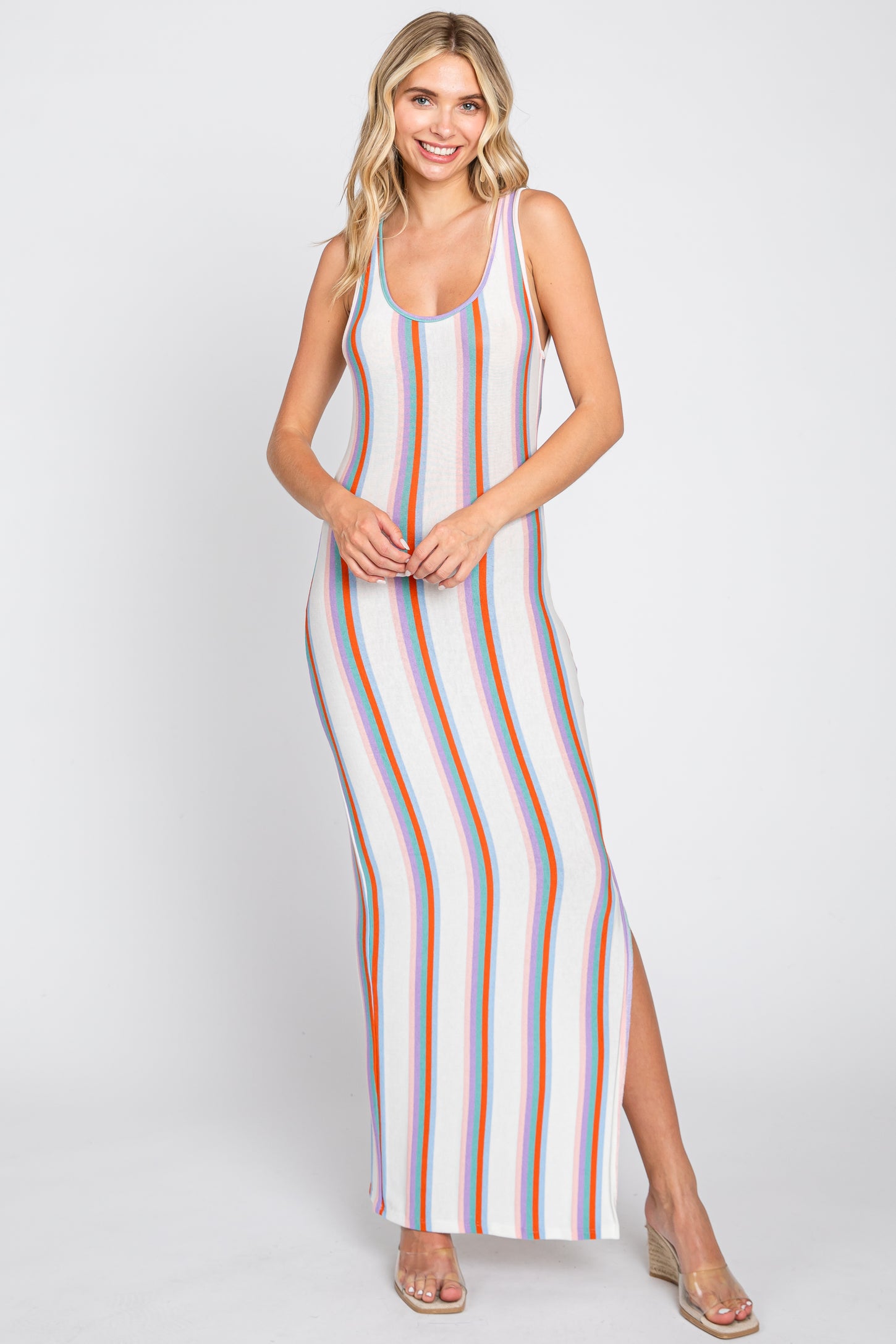 Multi Color Striped Open Back Maternity Maxi Dress