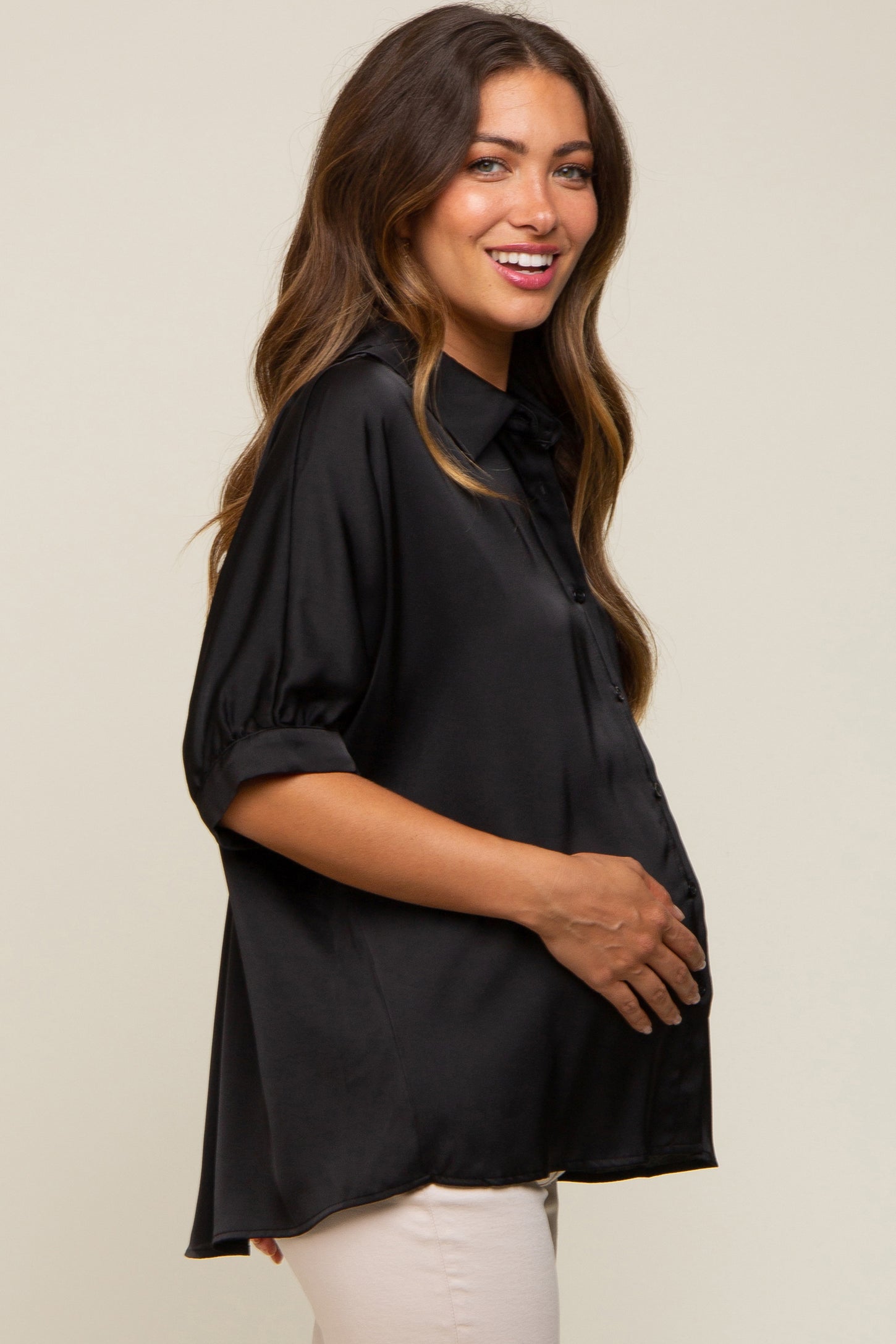 Black Satin Button Up Maternity Top