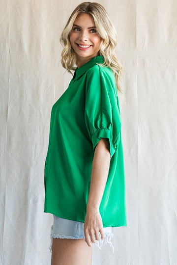 Green Satin Button Up Top
