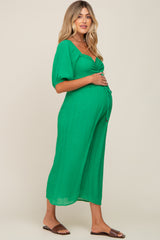 Green Smocked Drawstring Front Short Sleeve Maternity Jumpsuit
