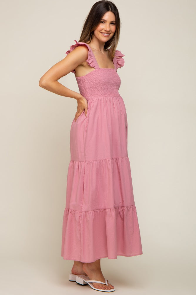 Pink Sleeveless Tiered Maternity Maxi Dress