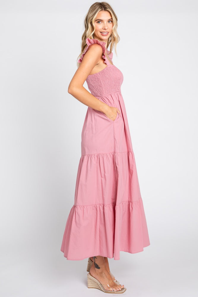 Pink Sleeveless Tiered Maxi Dress
