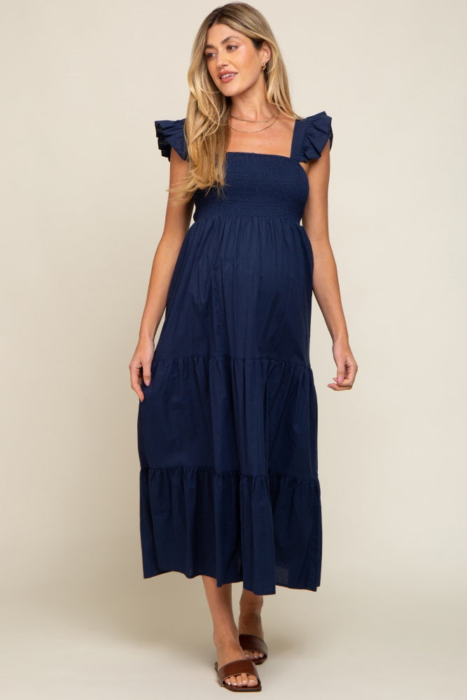 Navy Blue Sleeveless Tiered Maternity Maxi Dress