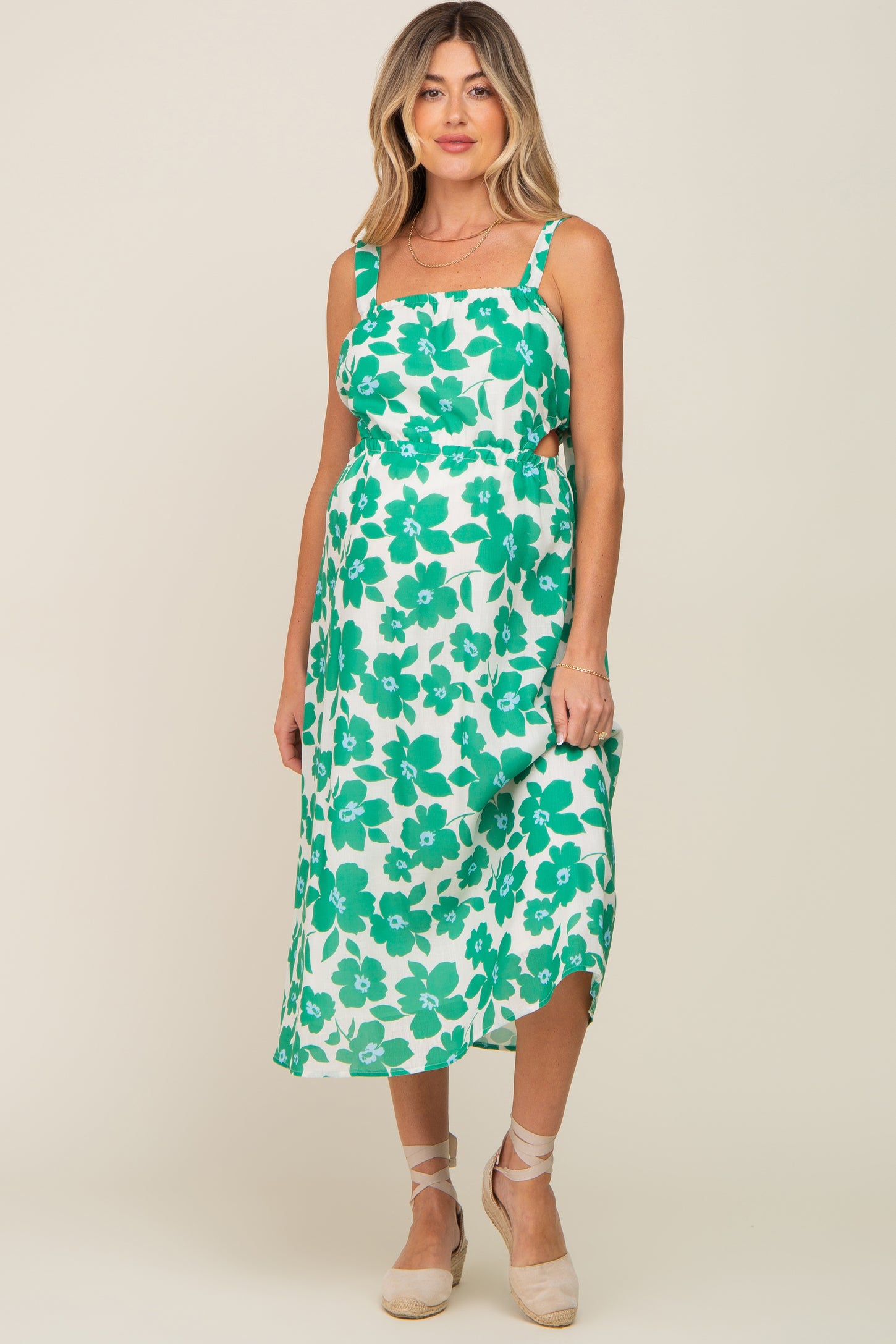 Green Floral Linen Square Neck Open Back Maternity Midi Dress