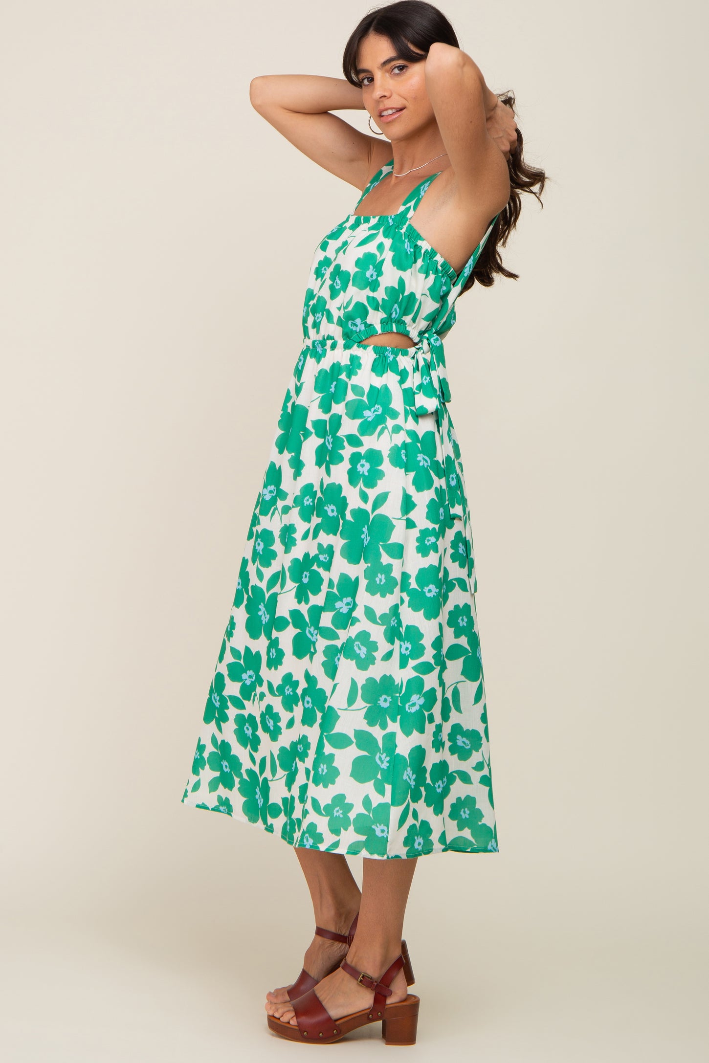 Green Floral Linen Square Neck Open Back Midi Dress PinkBlush Green Floral Linen Square Neck Open Back Midi Dress PinkBlush