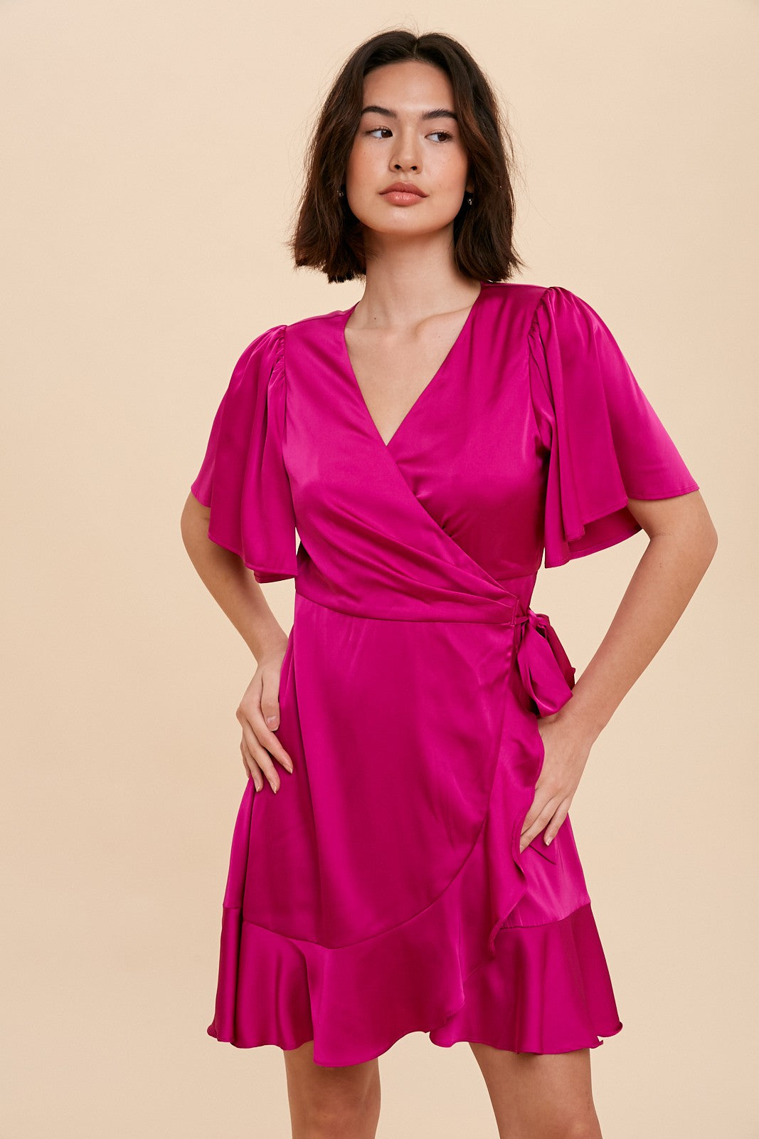 Satin Ruffle Robe Orchid Satin Ruffle Wrap Dress – PinkBlush
