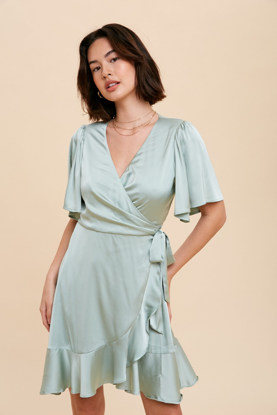 Sage Satin Ruffle Wrap Dress PinkBlush Sage Satin Ruffle Wrap Dress PinkBlush