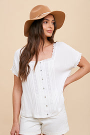 Off White Lace Inset Square Neck Button Top