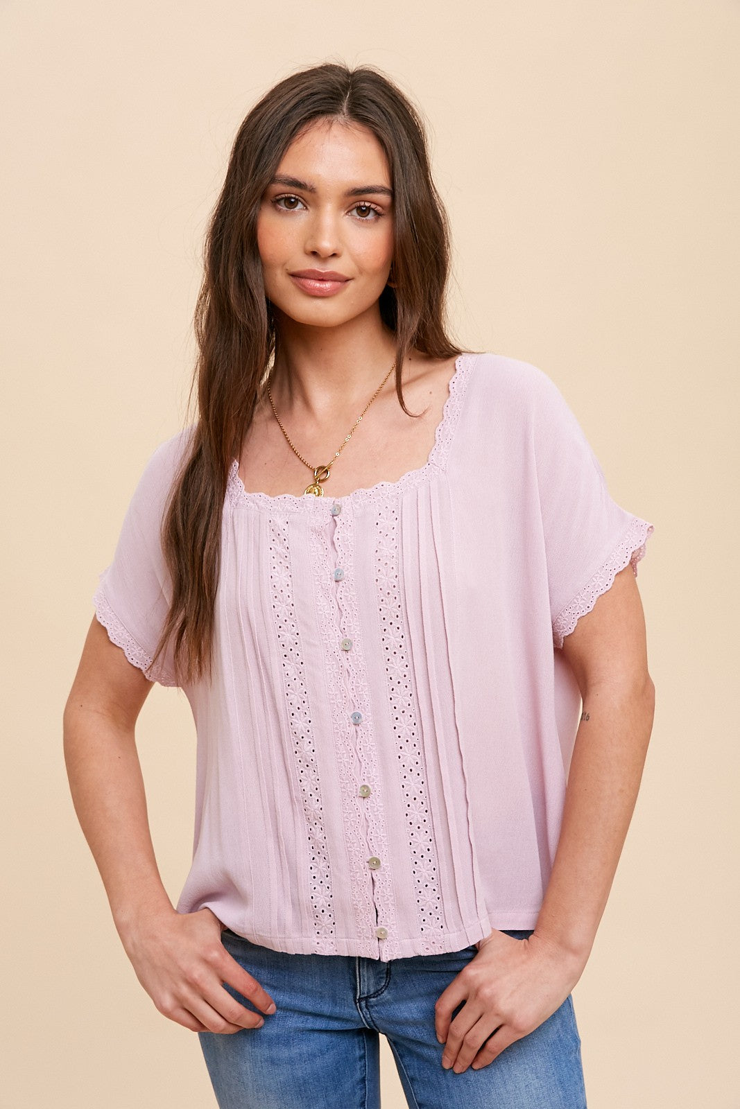 Pink Lace Inset Square Neck Button Top