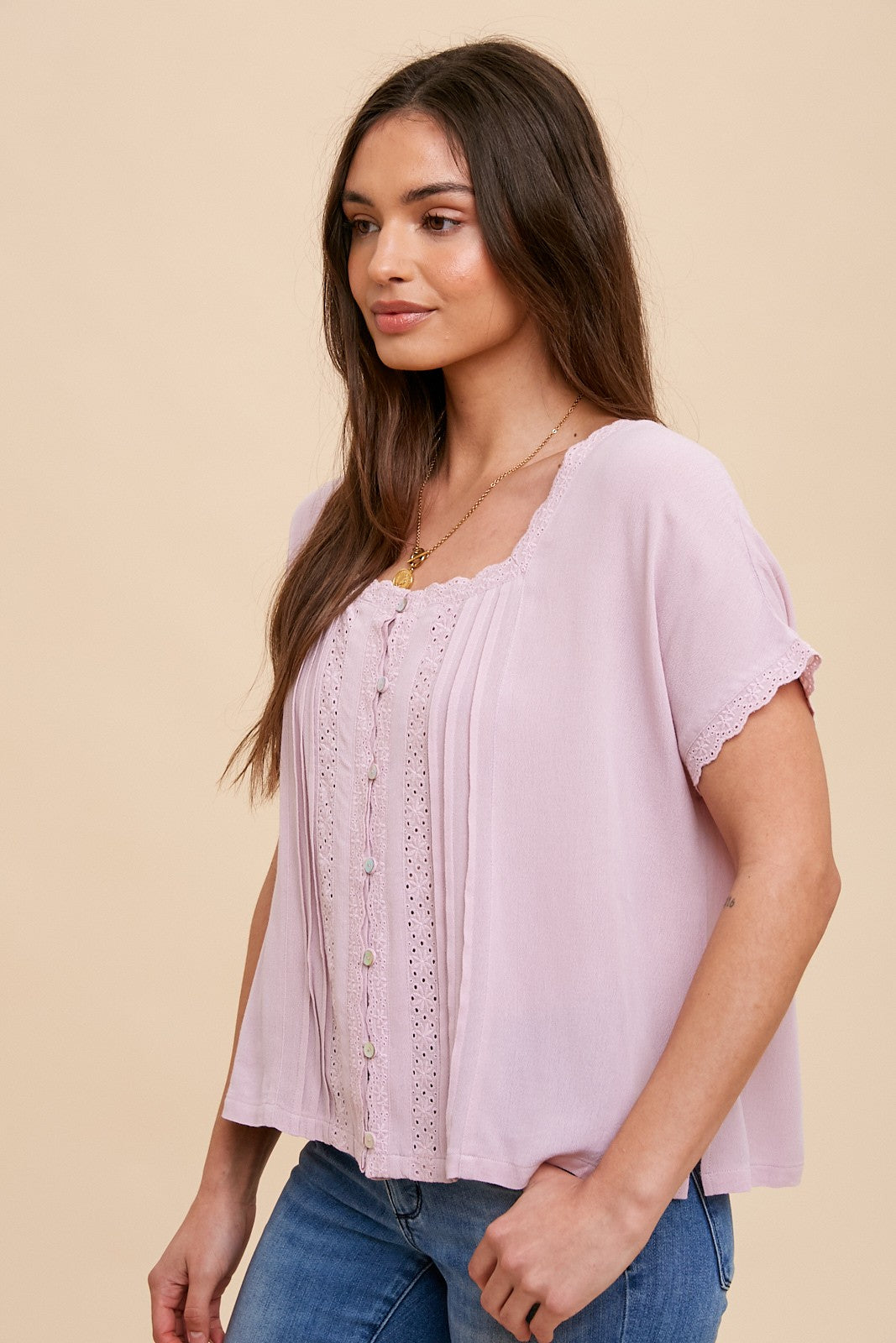 Pink Lace Inset Square Neck Button Top