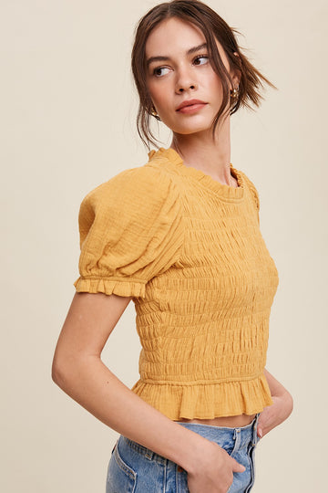 Mustard Puff Sleeve Smocked Crop Top With Back Tie