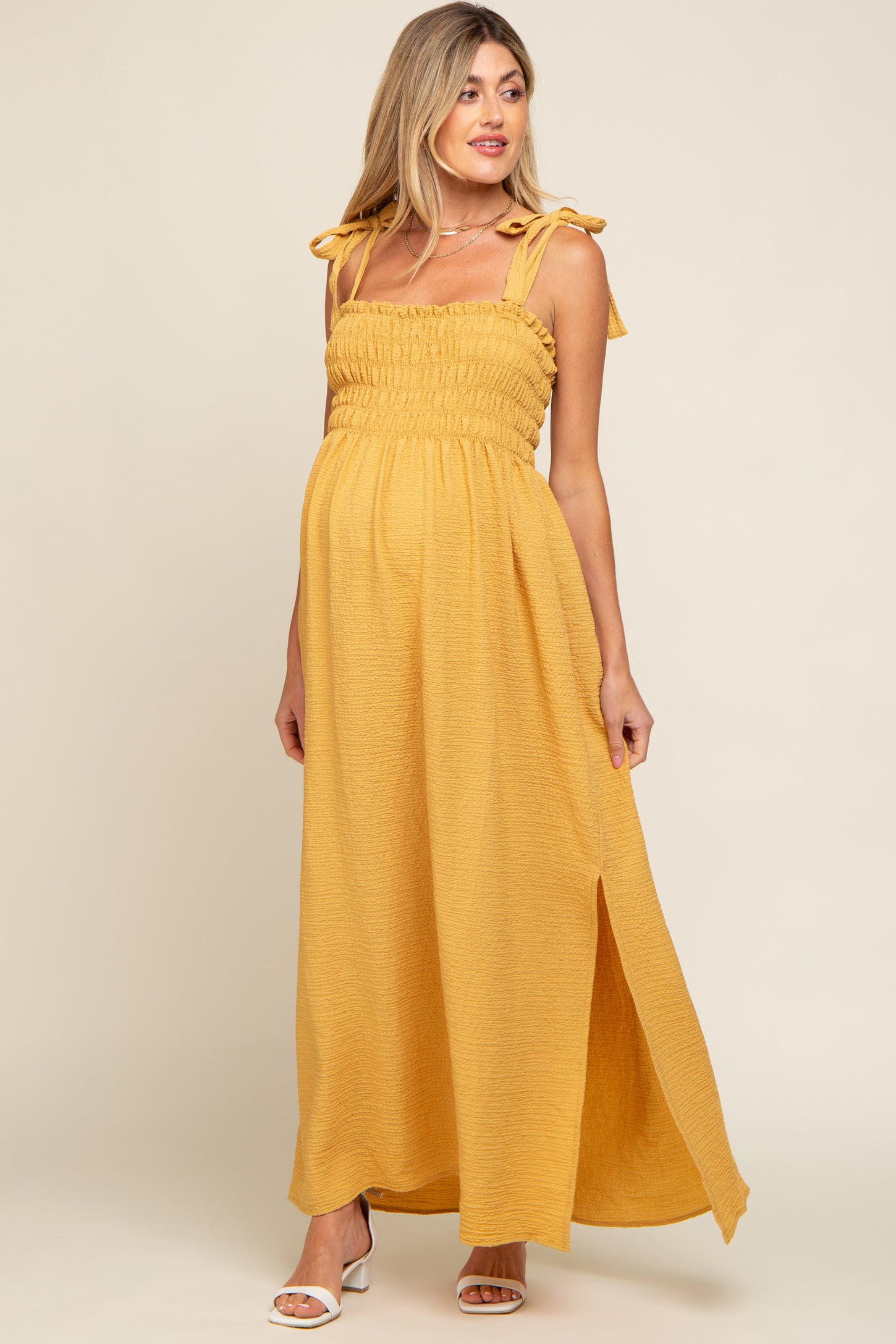 Yellow Textured Smocked Shoulder Tie Maternity Maxi Dress – PinkBlush