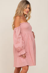 Pink Smocked Off Shoulder Long Sleeve Maternity Dress