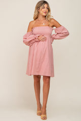 Pink Smocked Off Shoulder Long Sleeve Maternity Dress