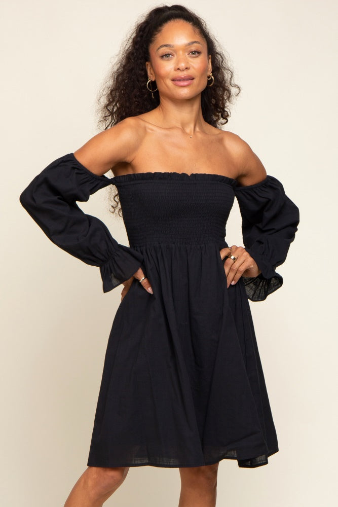 Black Smocked Off Shoulder Long Sleeve Dress Large