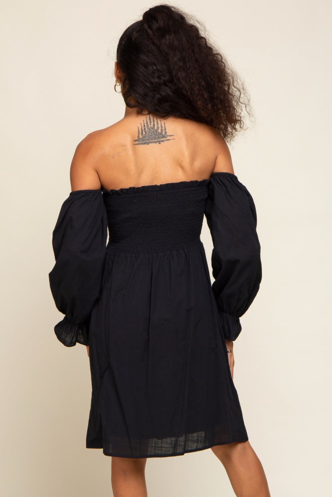 Black Smocked Off Shoulder Long Sleeve Dress