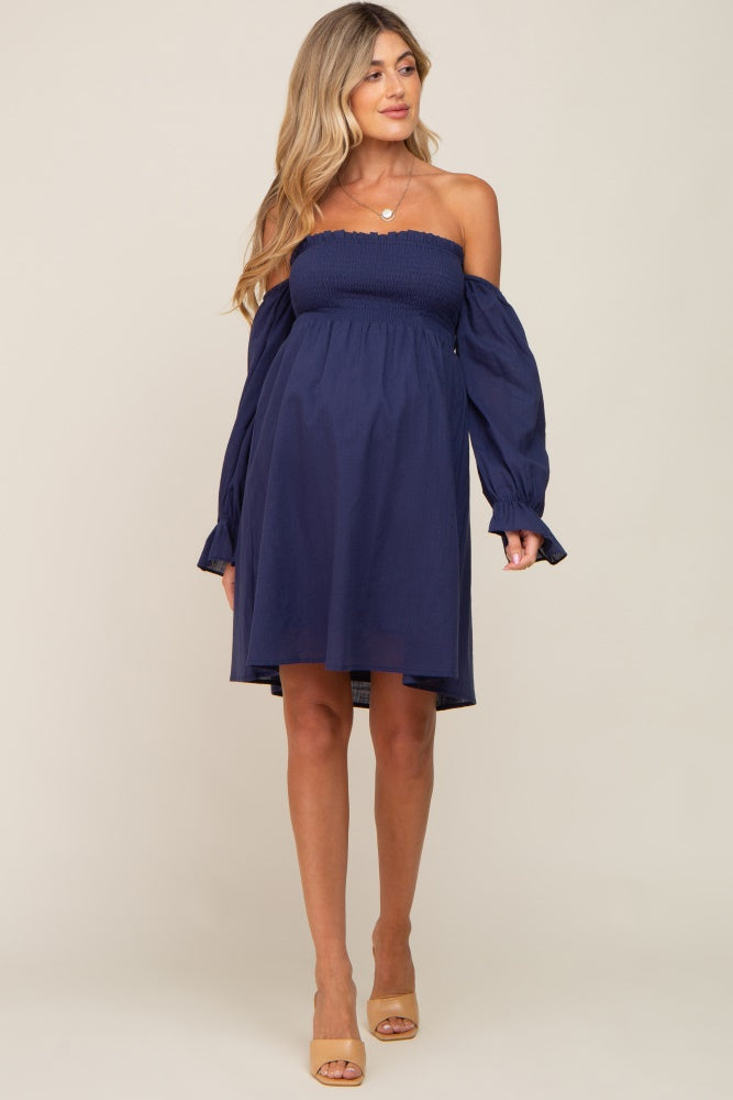 Navy Blue Smocked Off Shoulder Long Sleeve Maternity Dress– PinkBlush