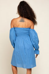 Blue Smocked Off Shoulder Long Sleeve Dress