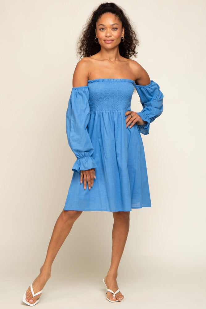 Blue Smocked Off Shoulder Long Sleeve Dress Blue Smocked Off Shoulder Long Sleeve Dress