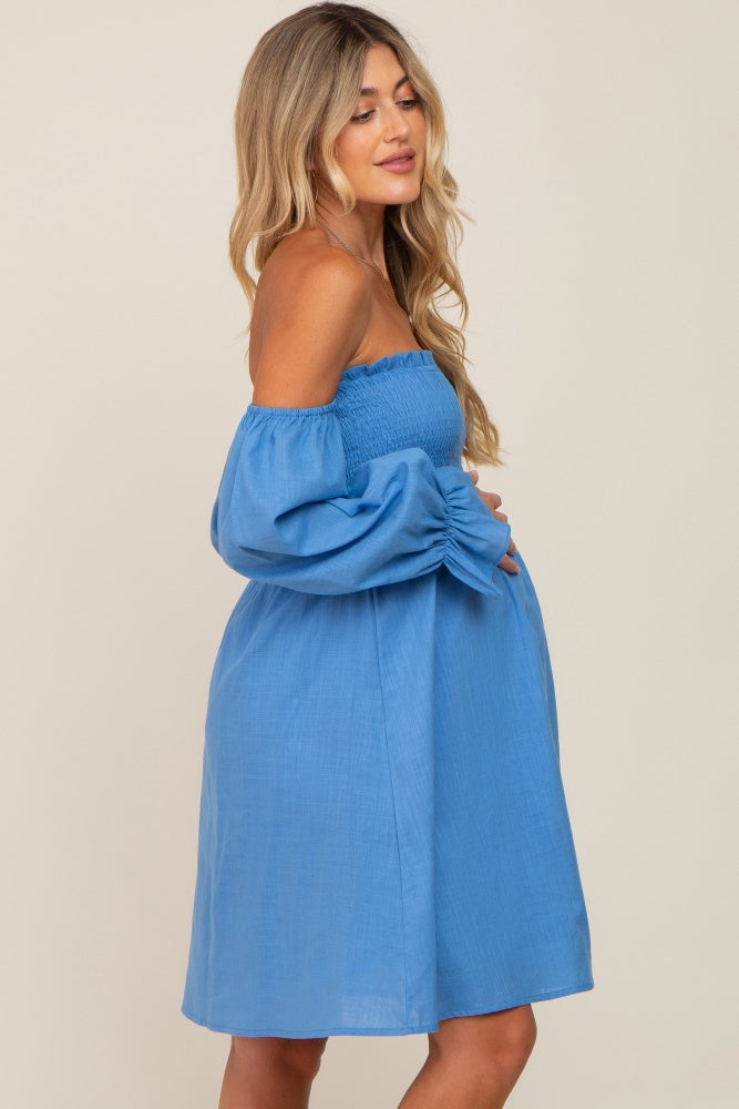 Blue Smocked Off Shoulder Long Sleeve Maternity Dress Blue Smocked Off Shoulder Long Sleeve Maternity Dress