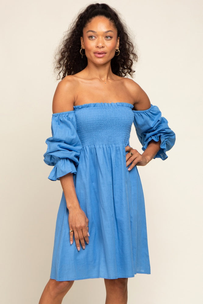 blue long sleeve off the shoulder dress Ellory Long Sleeve Off-Shoulder Dress Blue main image 1