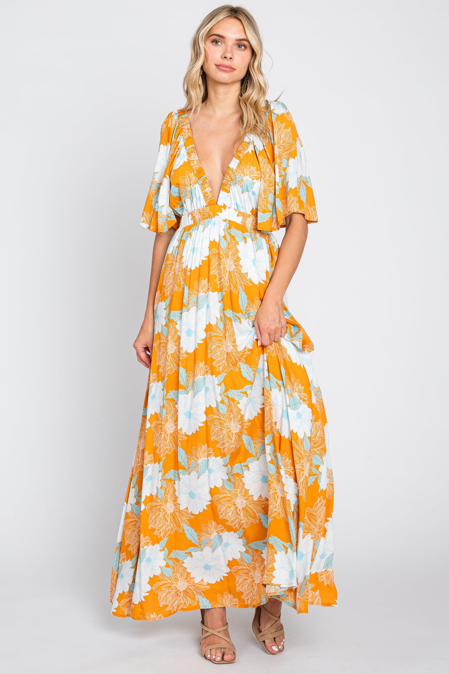 Orange Floral Deep V-Neck Maternity Maxi Dress PinkBlush Orange Floral Deep V-Neck Maternity Maxi Dress PinkBlush