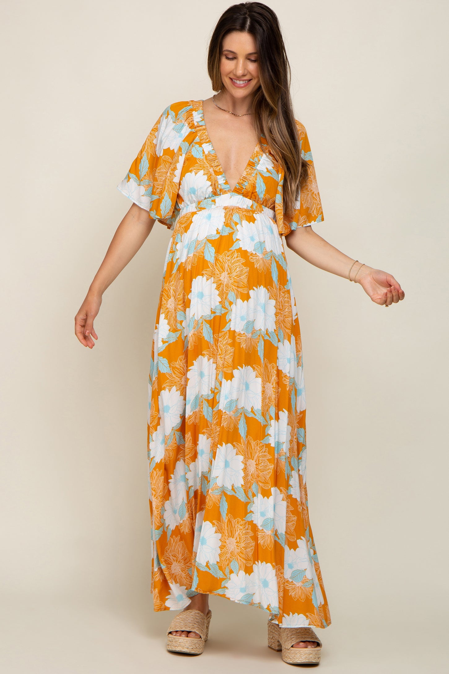 orange floral maternity dress Orange Floral Chiffon V-Neck Long Sleeve Maternity Maxi Dress
