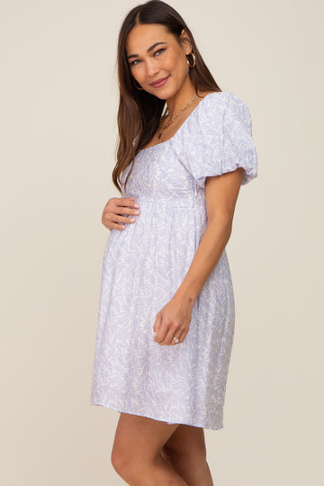 Ivory Leaf Print Puff Sleeve Maternity Dress