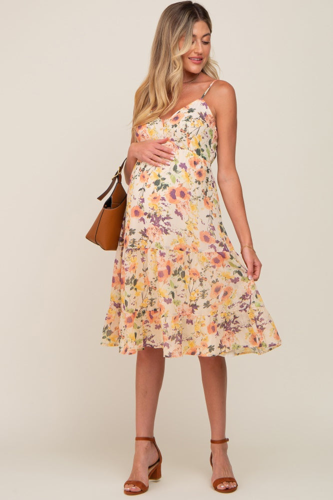 Peach Floral Button Tiered Maternity Midi Dress