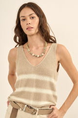 Sand Stripe V Neck Sleeveless Sweater Tank Top