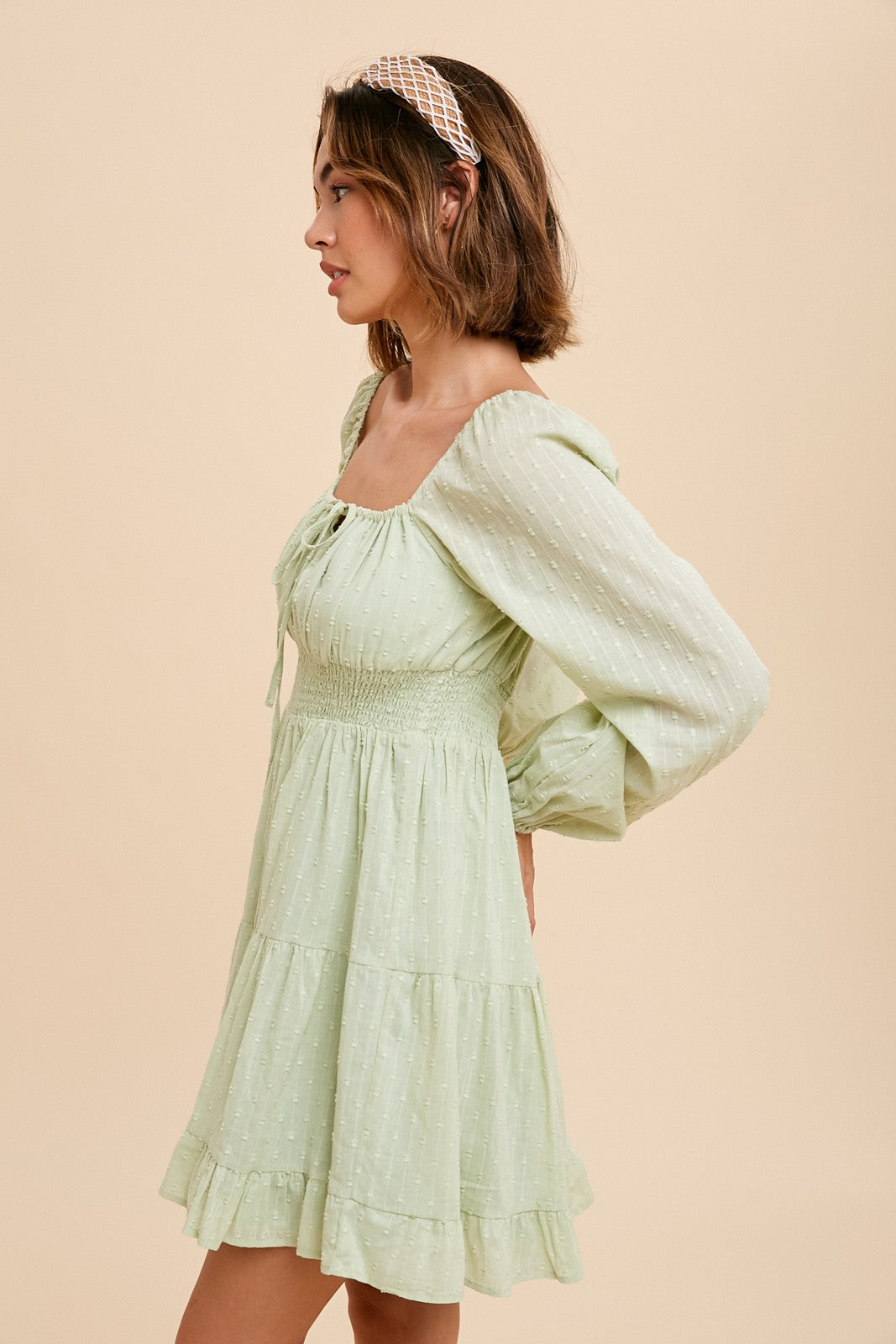 Mint Smocked Waist Long Sleeve Peasant Dress