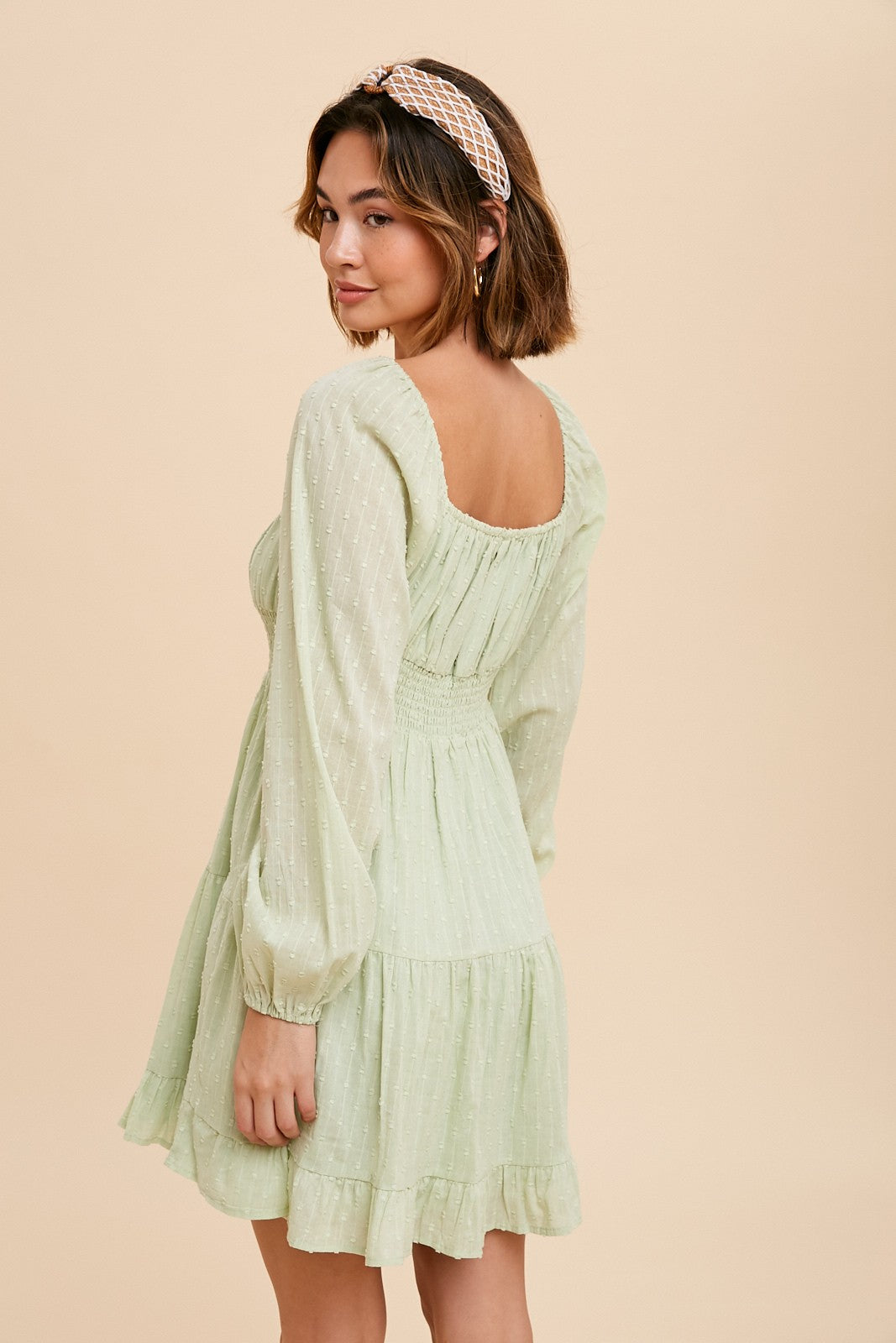 Mint Smocked Waist Long Sleeve Peasant Dress