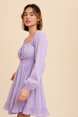 Lavender Smocked Waist Long Sleeve Peasant Dress