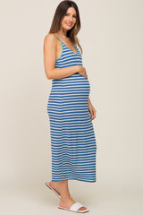 Blue Striped Crochet Knit Maternity Midi Dress