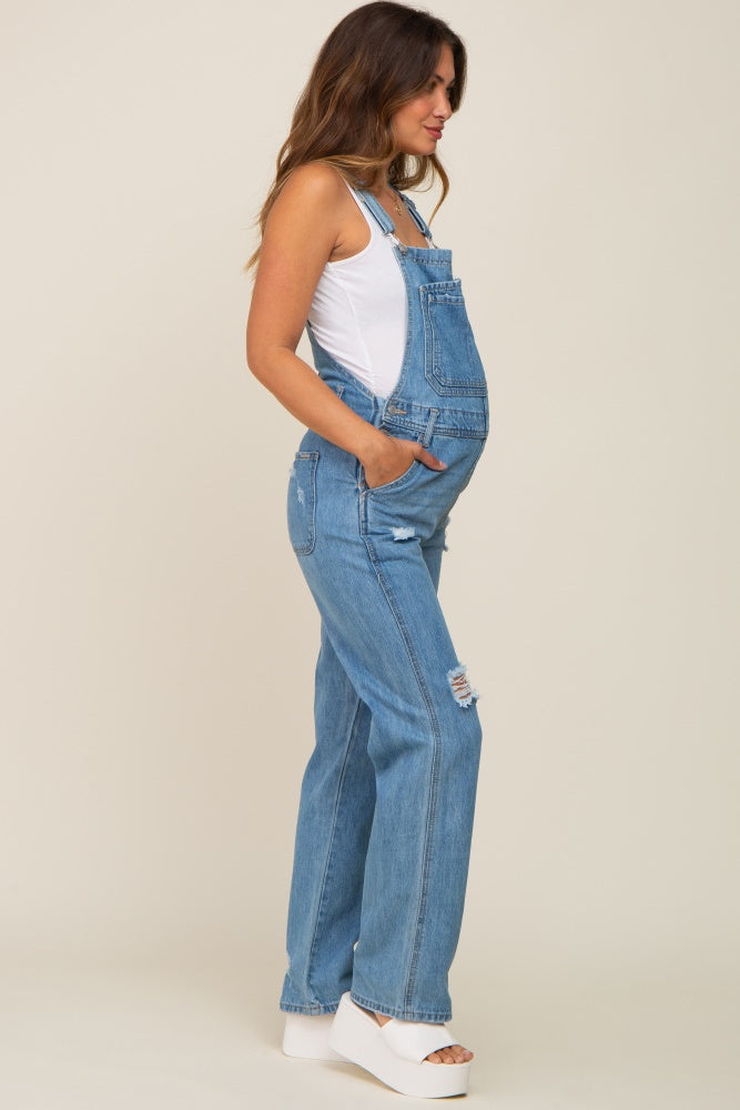 Blue Medium Wash Distressed Denim Maternity Overalls PinkBlush