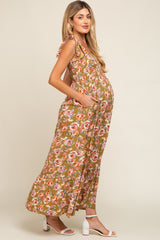Olive Floral Smocked Shoulder Tie Tiered Maternity Maxi Dress