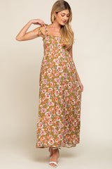 Olive Floral Smocked Shoulder Tie Tiered Maternity Maxi Dress