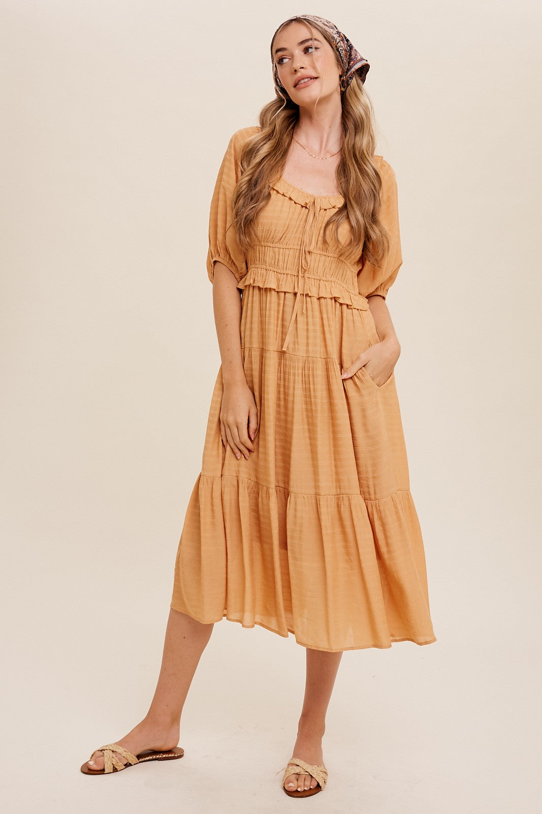 Mustard Ruffle Front Tie Tiered Maxi Dress