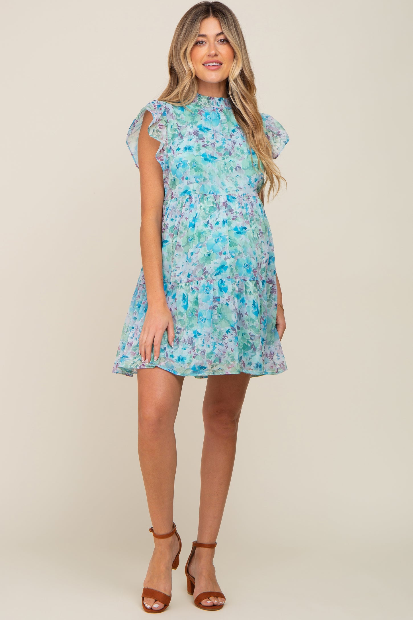 Blue Floral Chiffon Tiered Maternity Dress– PinkBlush