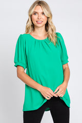 Green Puff Sleeve Smocked Accent Top