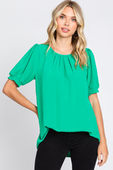 Green Puff Sleeve Smocked Accent Top