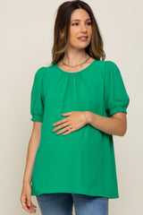 Green Puff Sleeve Smocked Accent Maternity Top