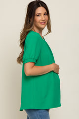 Green Puff Sleeve Smocked Accent Maternity Top