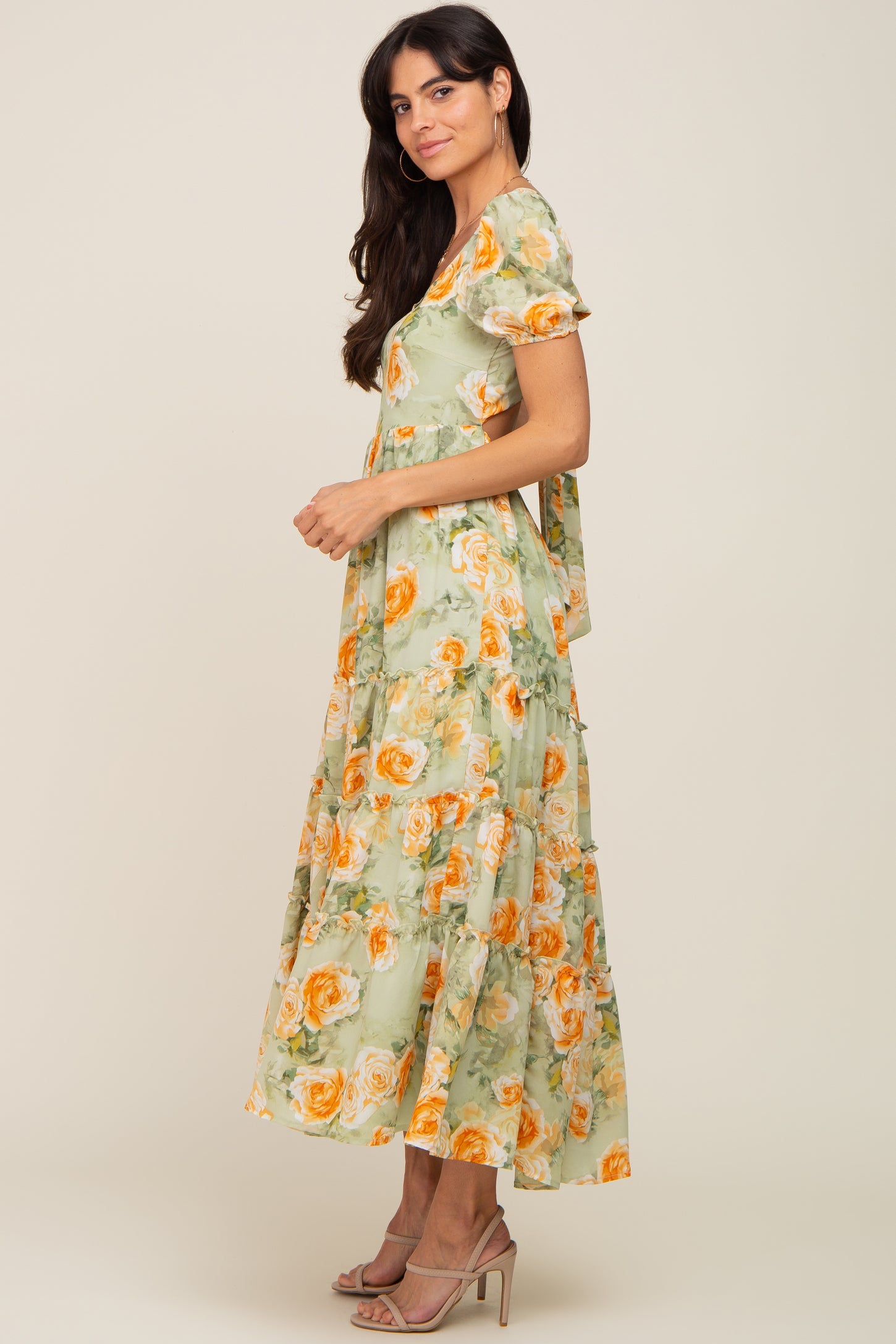 Light Olive Floral Tiered Cutout Back Maxi Dress PinkBlush Light Olive Floral Tiered Cutout Back Maxi Dress PinkBlush
