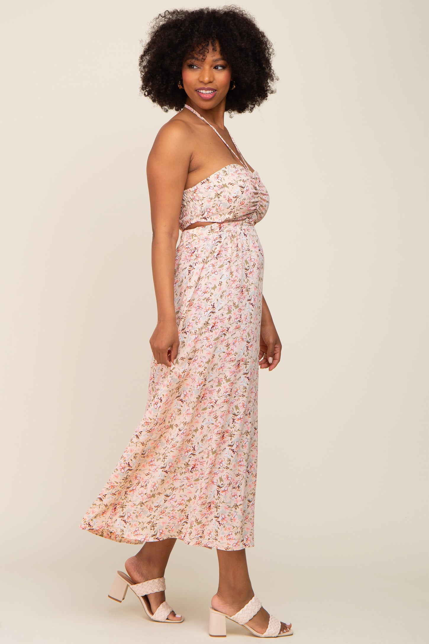 Light Pink Floral Halter Tie Open Back Midi Dress PinkBlush Light Pink Floral Halter Tie Open Back Midi Dress PinkBlush