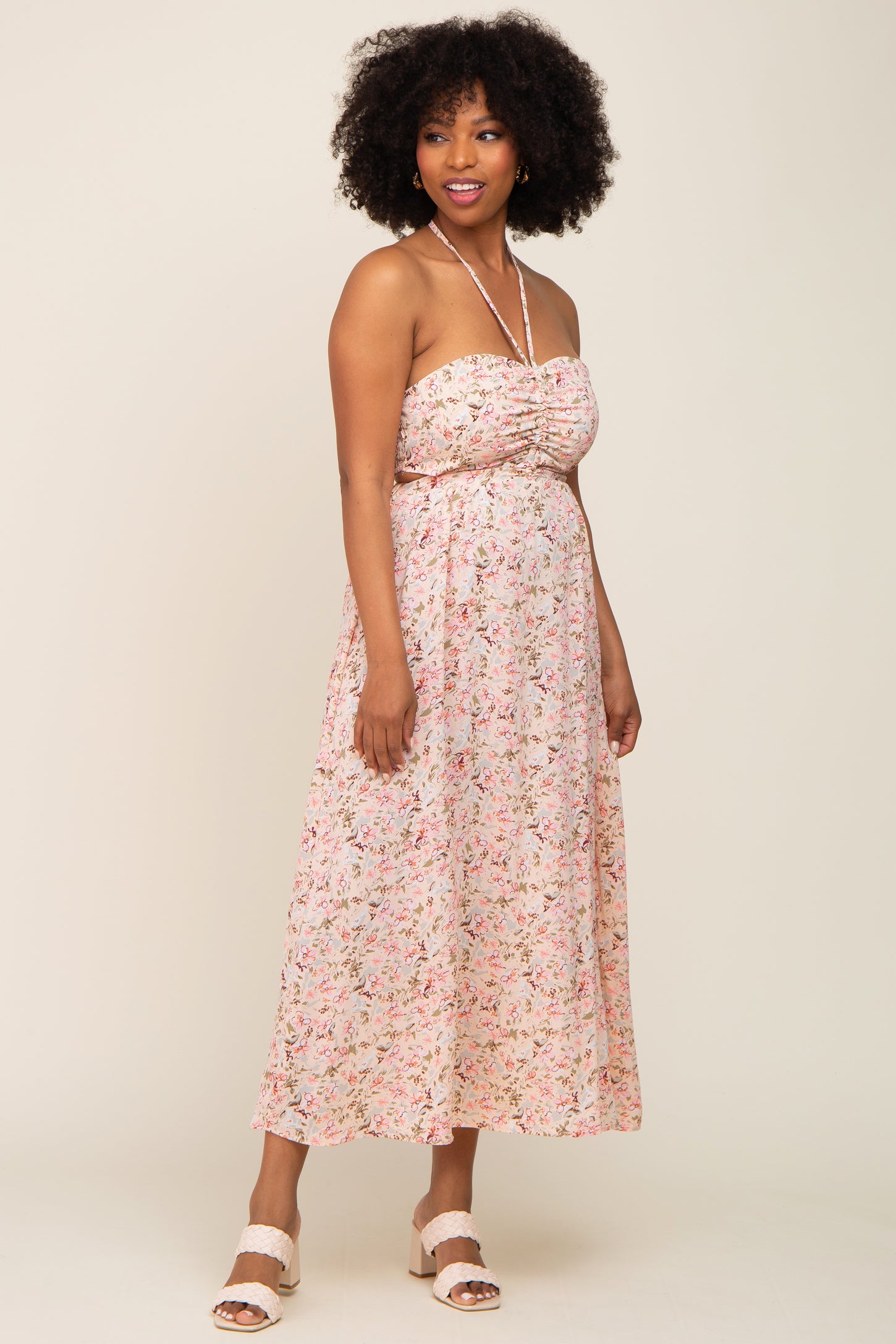 Light Pink Floral Halter Tie Open Back Midi Dress PinkBlush Light Pink Floral Halter Tie Open Back Midi Dress PinkBlush