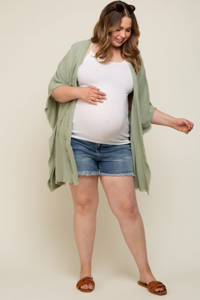 Light Olive Fringe Maternity Plus Dolman Sleeve Cover Up